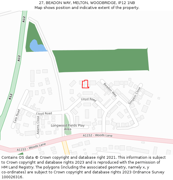 27, BEADON WAY, MELTON, WOODBRIDGE, IP12 1NB: Location map and indicative extent of plot