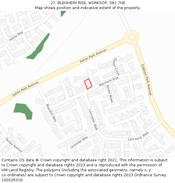 27, BLENHEIM RISE, WORKSOP, S81 7NE: Location map and indicative extent of plot