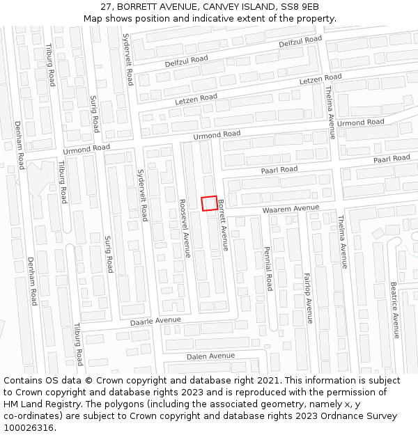 27, BORRETT AVENUE, CANVEY ISLAND, SS8 9EB: Location map and indicative extent of plot