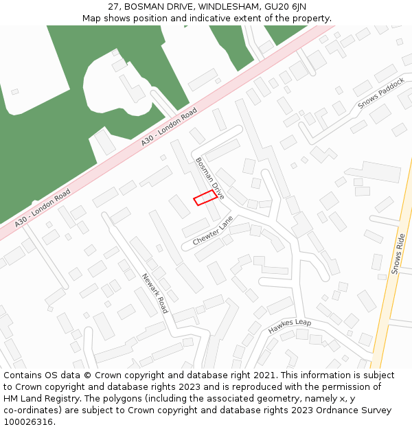 27, BOSMAN DRIVE, WINDLESHAM, GU20 6JN: Location map and indicative extent of plot