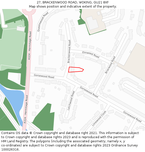 27, BRACKENWOOD ROAD, WOKING, GU21 8XF: Location map and indicative extent of plot