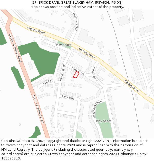 27, BRICK DRIVE, GREAT BLAKENHAM, IPSWICH, IP6 0GJ: Location map and indicative extent of plot