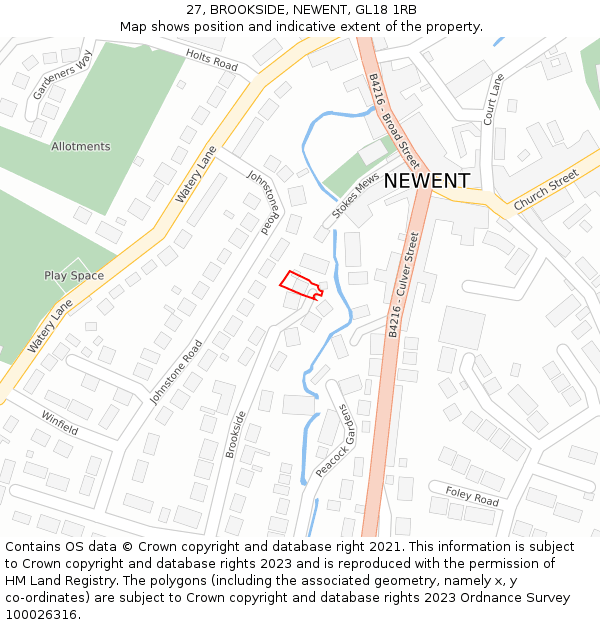 27, BROOKSIDE, NEWENT, GL18 1RB: Location map and indicative extent of plot