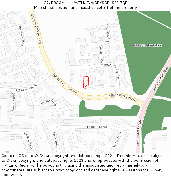 27, BROOMHILL AVENUE, WORKSOP, S81 7QP: Location map and indicative extent of plot