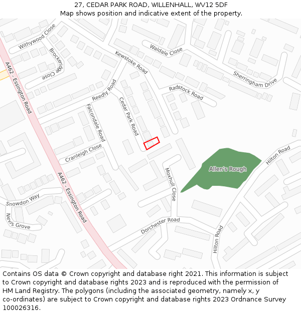 27, CEDAR PARK ROAD, WILLENHALL, WV12 5DF: Location map and indicative extent of plot