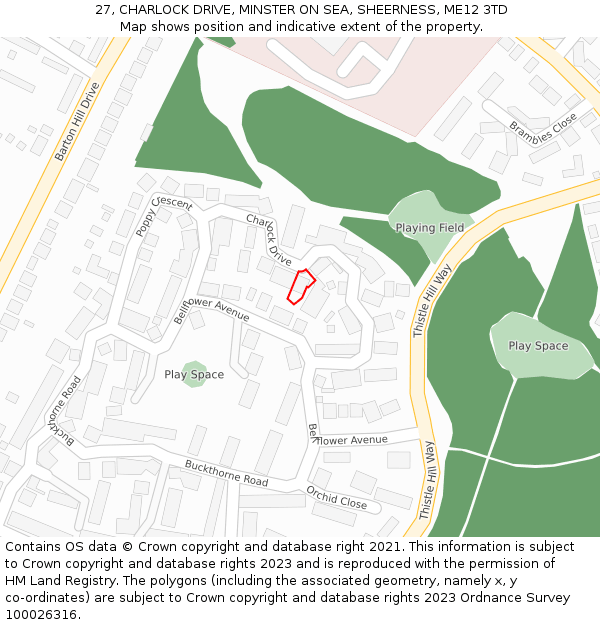 27, CHARLOCK DRIVE, MINSTER ON SEA, SHEERNESS, ME12 3TD: Location map and indicative extent of plot