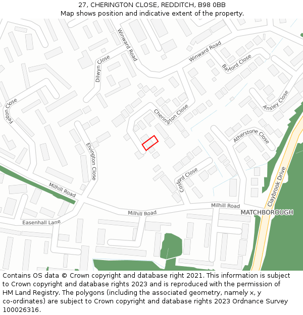 27, CHERINGTON CLOSE, REDDITCH, B98 0BB: Location map and indicative extent of plot