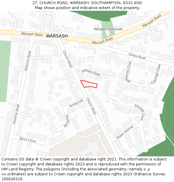 27, CHURCH ROAD, WARSASH, SOUTHAMPTON, SO31 9GD: Location map and indicative extent of plot