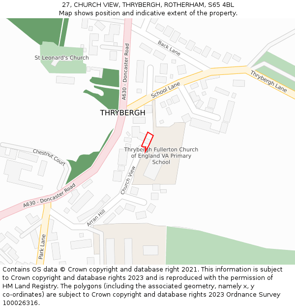27, CHURCH VIEW, THRYBERGH, ROTHERHAM, S65 4BL: Location map and indicative extent of plot
