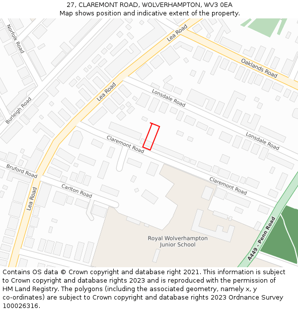 27, CLAREMONT ROAD, WOLVERHAMPTON, WV3 0EA: Location map and indicative extent of plot