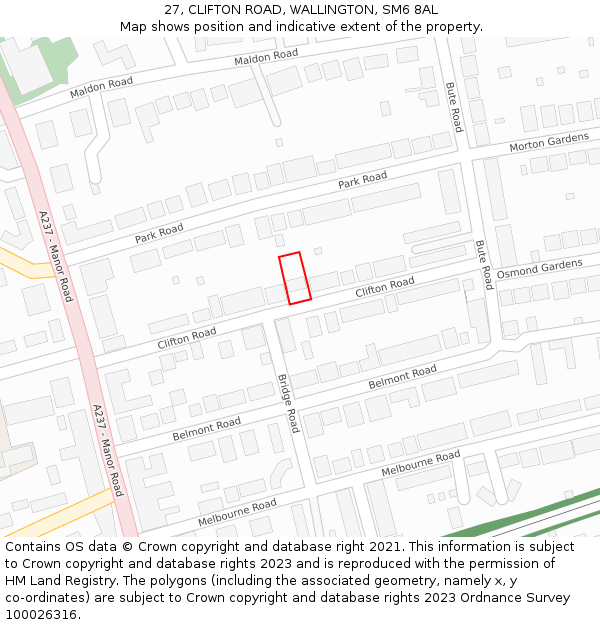 27, CLIFTON ROAD, WALLINGTON, SM6 8AL: Location map and indicative extent of plot