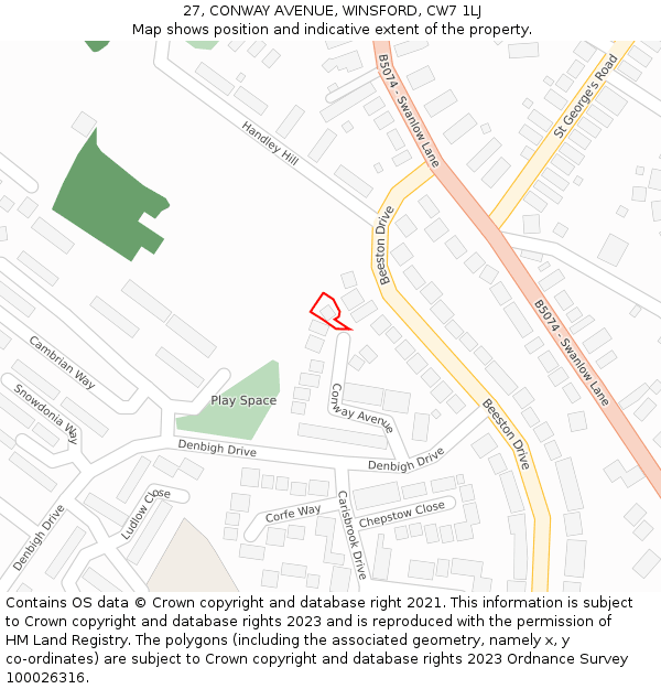 27, CONWAY AVENUE, WINSFORD, CW7 1LJ: Location map and indicative extent of plot