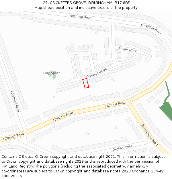 27, CRICKETERS GROVE, BIRMINGHAM, B17 8BF: Location map and indicative extent of plot