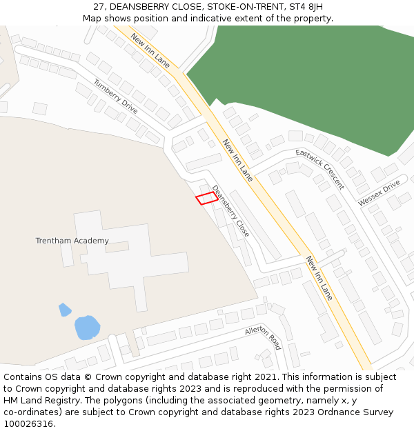 27, DEANSBERRY CLOSE, STOKE-ON-TRENT, ST4 8JH: Location map and indicative extent of plot