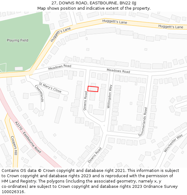 27, DOWNS ROAD, EASTBOURNE, BN22 0JJ: Location map and indicative extent of plot