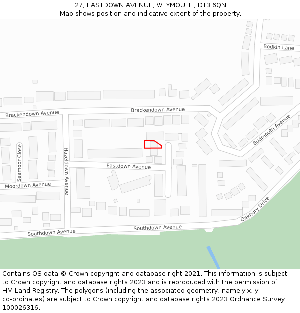 27, EASTDOWN AVENUE, WEYMOUTH, DT3 6QN: Location map and indicative extent of plot