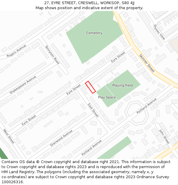 27, EYRE STREET, CRESWELL, WORKSOP, S80 4JJ: Location map and indicative extent of plot