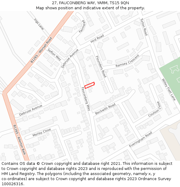 27, FAUCONBERG WAY, YARM, TS15 9QN: Location map and indicative extent of plot