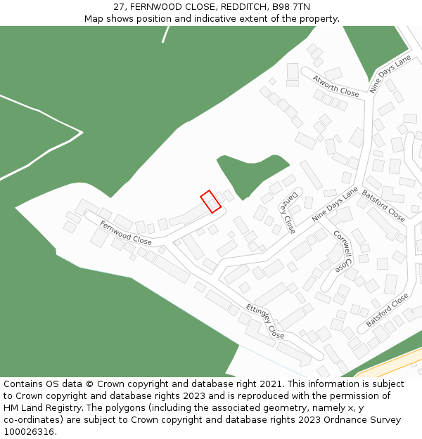 27, FERNWOOD CLOSE, REDDITCH, B98 7TN: Location map and indicative extent of plot