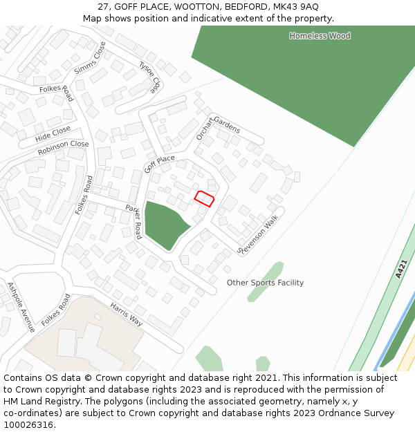 27, GOFF PLACE, WOOTTON, BEDFORD, MK43 9AQ: Location map and indicative extent of plot