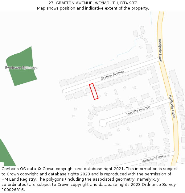 27, GRAFTON AVENUE, WEYMOUTH, DT4 9RZ: Location map and indicative extent of plot