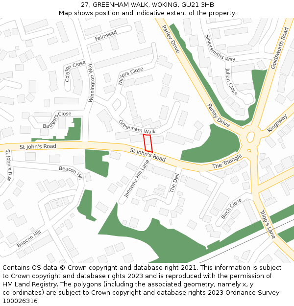 27, GREENHAM WALK, WOKING, GU21 3HB: Location map and indicative extent of plot