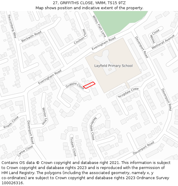 27, GRIFFITHS CLOSE, YARM, TS15 9TZ: Location map and indicative extent of plot