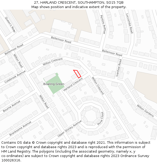 27, HARLAND CRESCENT, SOUTHAMPTON, SO15 7QB: Location map and indicative extent of plot