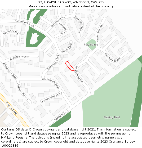 27, HAWKSHEAD WAY, WINSFORD, CW7 2SY: Location map and indicative extent of plot