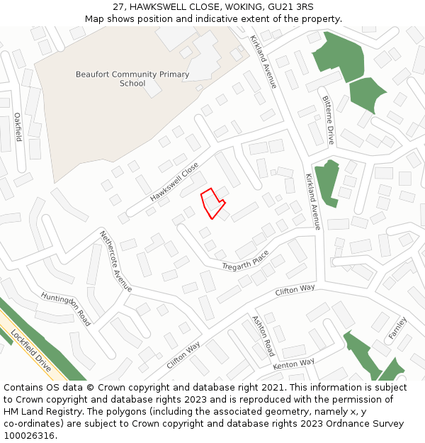 27, HAWKSWELL CLOSE, WOKING, GU21 3RS: Location map and indicative extent of plot