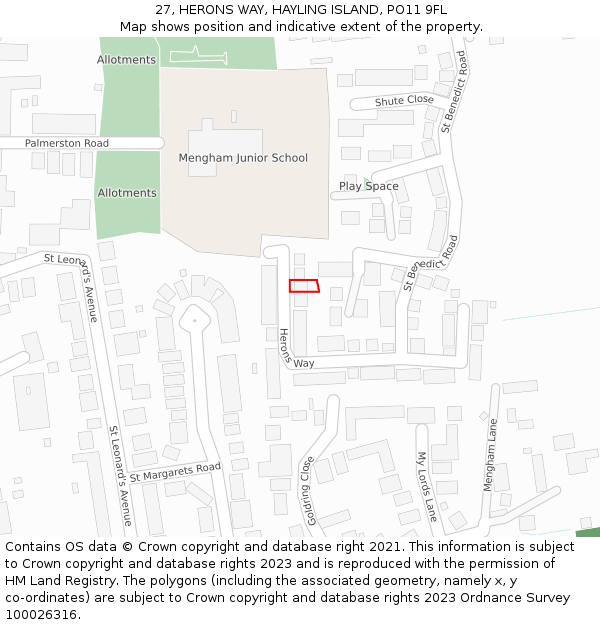 27, HERONS WAY, HAYLING ISLAND, PO11 9FL: Location map and indicative extent of plot