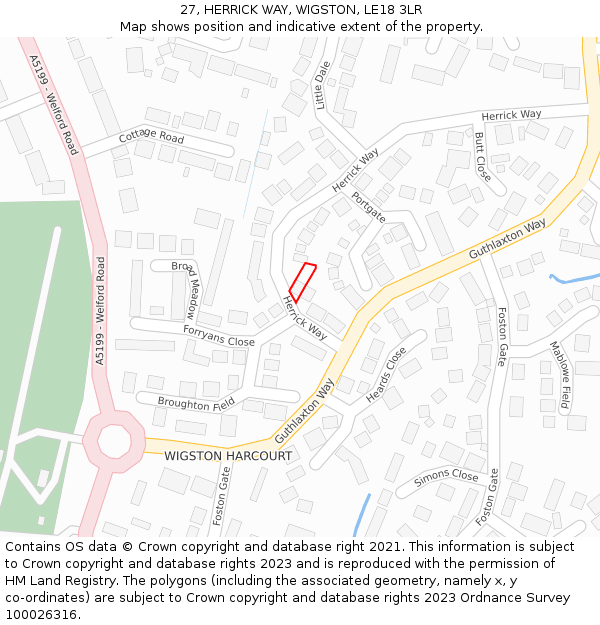 27, HERRICK WAY, WIGSTON, LE18 3LR: Location map and indicative extent of plot