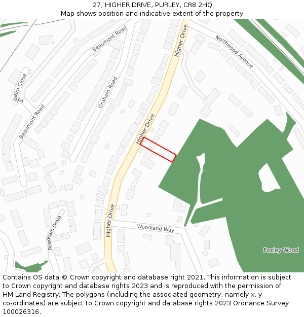 27, HIGHER DRIVE, PURLEY, CR8 2HQ: Location map and indicative extent of plot