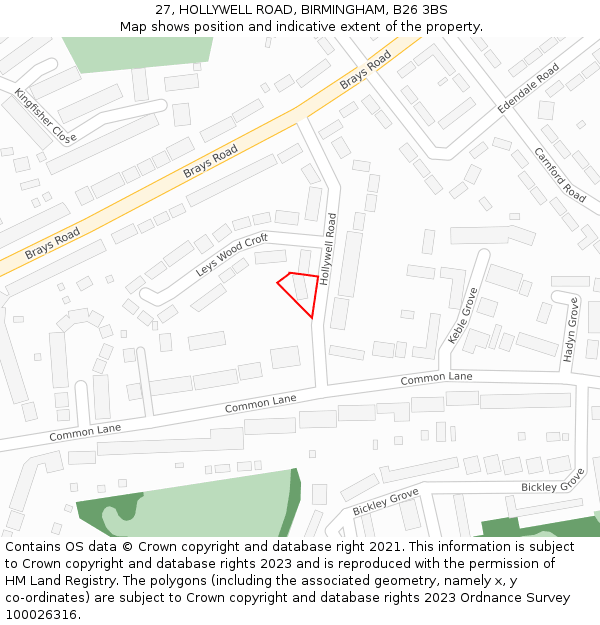27, HOLLYWELL ROAD, BIRMINGHAM, B26 3BS: Location map and indicative extent of plot