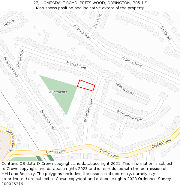 27, HOMESDALE ROAD, PETTS WOOD, ORPINGTON, BR5 1JS: Location map and indicative extent of plot