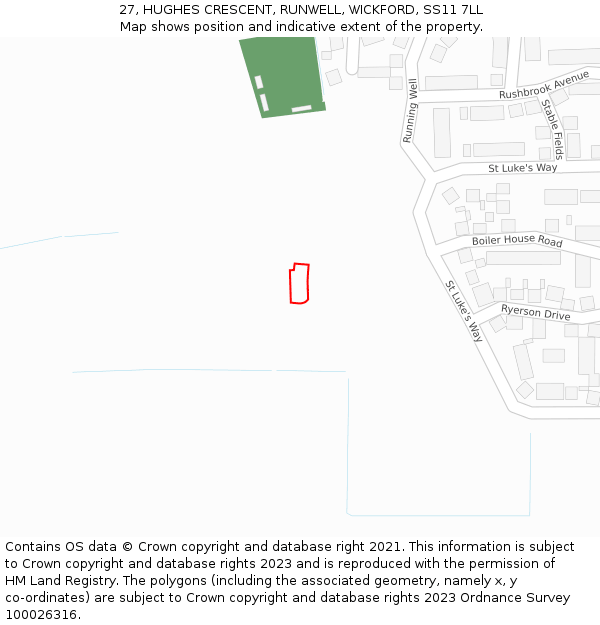 27, HUGHES CRESCENT, RUNWELL, WICKFORD, SS11 7LL: Location map and indicative extent of plot