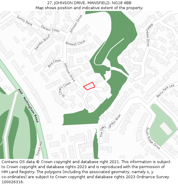 27, JOHNSON DRIVE, MANSFIELD, NG18 4BB: Location map and indicative extent of plot