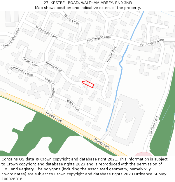 27, KESTREL ROAD, WALTHAM ABBEY, EN9 3NB: Location map and indicative extent of plot