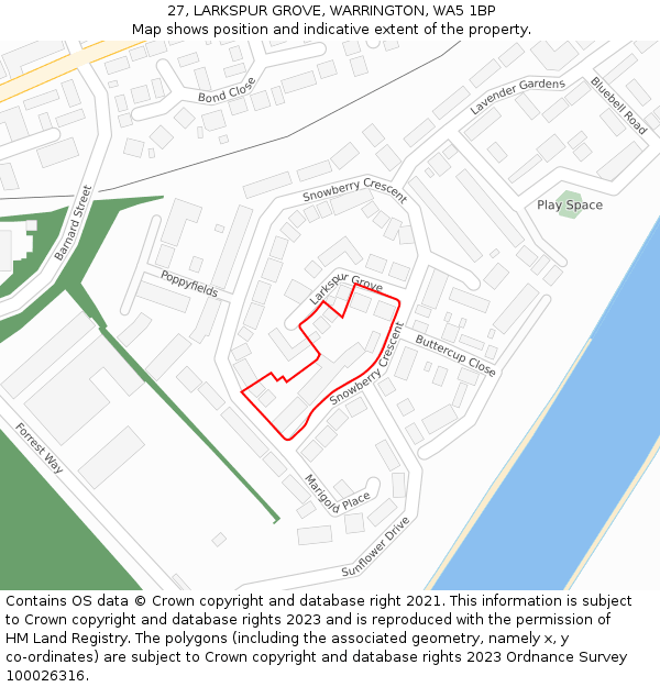 27, LARKSPUR GROVE, WARRINGTON, WA5 1BP: Location map and indicative extent of plot