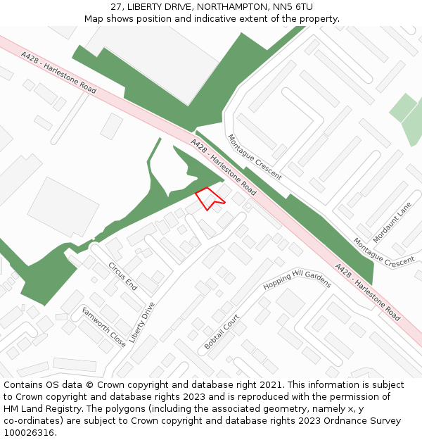 27, LIBERTY DRIVE, NORTHAMPTON, NN5 6TU: Location map and indicative extent of plot