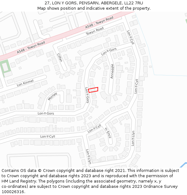 27, LON Y GORS, PENSARN, ABERGELE, LL22 7RU: Location map and indicative extent of plot