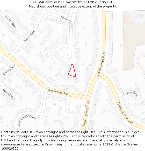 27, MALVERN CLOSE, WOODLEY, READING, RG5 4HL: Location map and indicative extent of plot