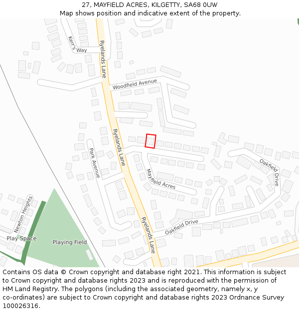 27, MAYFIELD ACRES, KILGETTY, SA68 0UW: Location map and indicative extent of plot