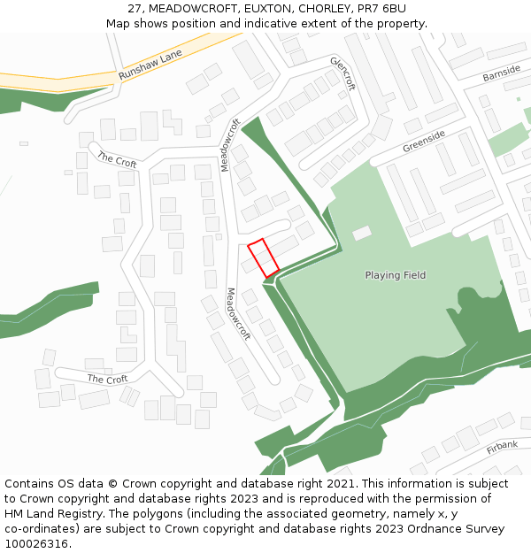 27, MEADOWCROFT, EUXTON, CHORLEY, PR7 6BU: Location map and indicative extent of plot