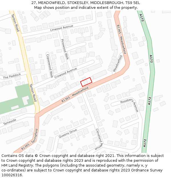 27, MEADOWFIELD, STOKESLEY, MIDDLESBROUGH, TS9 5EL: Location map and indicative extent of plot