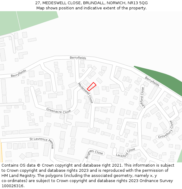 27, MEDESWELL CLOSE, BRUNDALL, NORWICH, NR13 5QG: Location map and indicative extent of plot