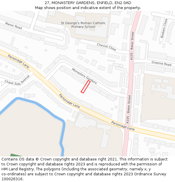 27, MONASTERY GARDENS, ENFIELD, EN2 0AD: Location map and indicative extent of plot