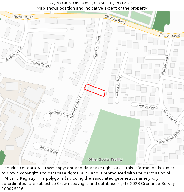 27, MONCKTON ROAD, GOSPORT, PO12 2BG: Location map and indicative extent of plot