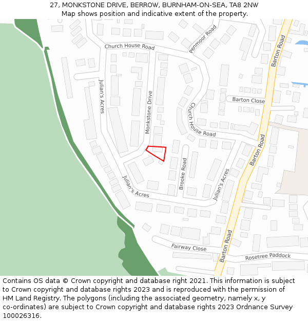 27, MONKSTONE DRIVE, BERROW, BURNHAM-ON-SEA, TA8 2NW: Location map and indicative extent of plot