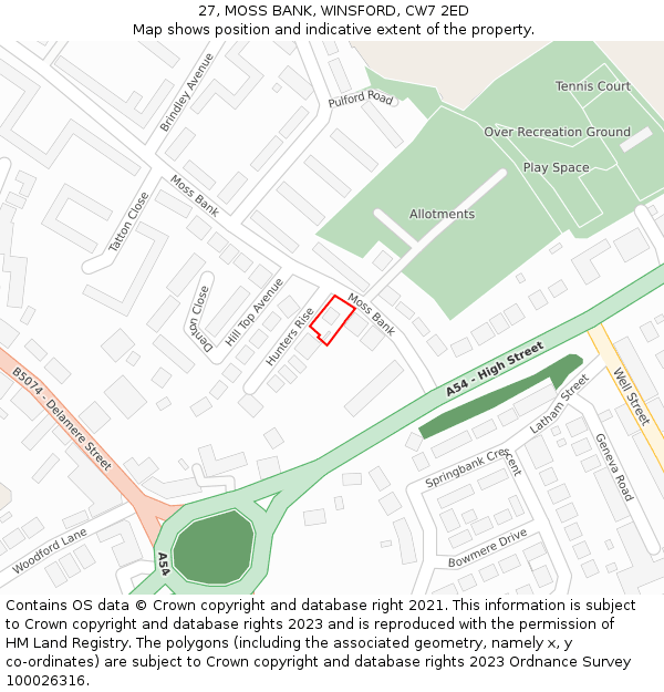 27, MOSS BANK, WINSFORD, CW7 2ED: Location map and indicative extent of plot